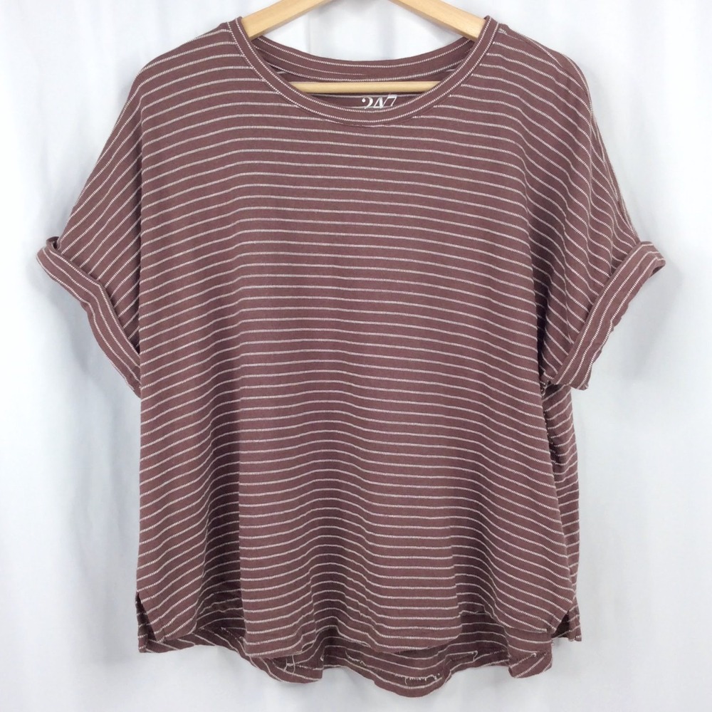 Maurices 24/7 Striped Top Womens Plus Size 1X Mauve Brown Roll Cuff Short Sleeve